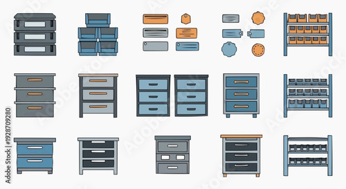 Collection of various furniture pieces and storage units illustrated in a modern style