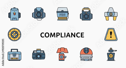 Collection of safety equipment icons centered around the concept of compliance and adherence to regulations depicted in a graphic illustration format from a straightforward viewpoint