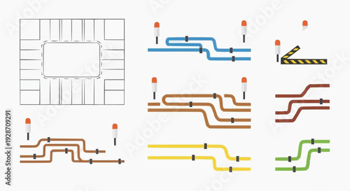 Detailed diagram illustrating various pipeline configurations and connections in an industrial setting displayed as a technical graphic image from a direct viewpoint.