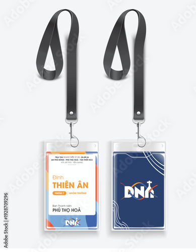 Vertical ID card badge mockup with lanyard