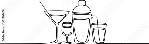One continuous line of cocktail and juice set Minimalist simple linear style. one line art icon drawing vector
