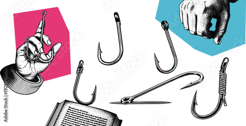 A hand holding a sharp object amidst various fish hooks and a notebook on a clean background