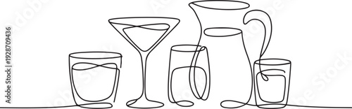 One continuous line of cocktail and juice set Minimalist simple linear style. one line art icon drawing vector