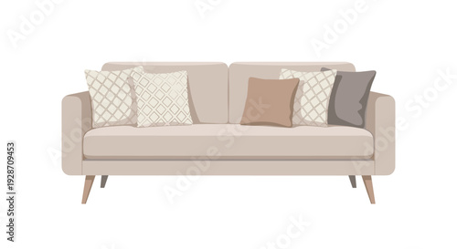 A neutral-toned two-seater sofa is adorned with several decorative patterned cushions in complementary beige and brown tones, offering comfort.