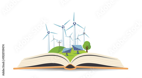 An open book reveals an imaginative landscape featuring numerous wind turbines and solar panels emerging from its pages, set on a green hill.