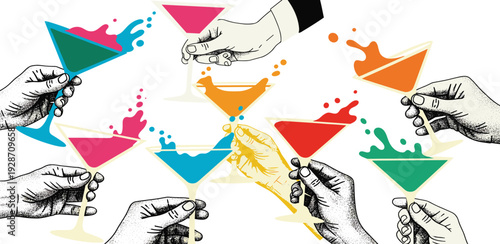 Multiple hands releasing colorful paper airplanes into the air, symbolizing creativity and teamwork in a dynamic environment from a bird's eye view