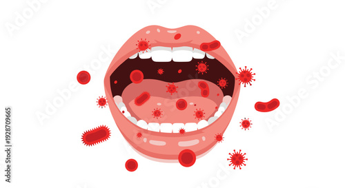 An open mouth reveals healthy white teeth and gums, while various shapes of red bacteria and viruses float within the oral cavity.