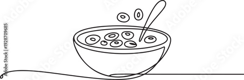 Continuous line hand drawn vector cereal in bowl on transparent background. one line art icon drawing vector