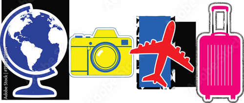 Travel icons representing adventure and exploration around the world with camera and luggage illustrations