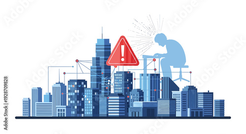 Cityscape with Warning Sign and Silhouette of Person Working on Laptop. Vector Illustrations. EPS Editable