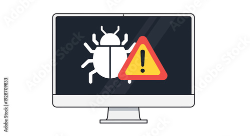 Computer Screen Displaying a Bug Icon and Warning Symbol. Vector Illustrations. EPS Editable