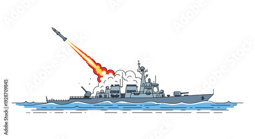 A grey warship cruises on blue water, launching a powerful missile with a vibrant fiery exhaust trail and heavy smoke.