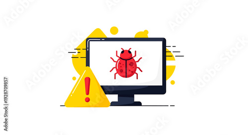 Computer Screen Displays Red Bug Icon with Warning Sign. Vector Illustrations. EPS Editable