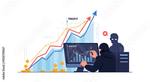 Cyber Criminal Hacking Stock Market Data for Financial Gain. Vector Illustrations. EPS Editable