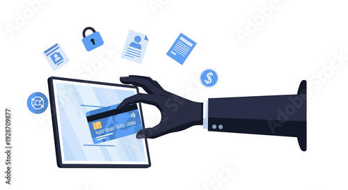 Cybercrime and data theft concept with a hand stealing a credit card from a tablet. Vector Illustrations. EPS Editable