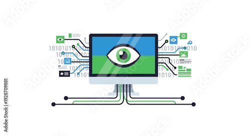 Computer Vision and Artificial Intelligence Concept with Eye on Screen. Vector Illustrations. EPS Editable