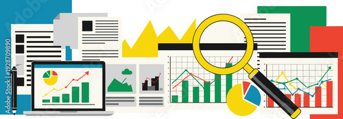 Analyzing business data with charts and graphs on a computer screen and documents