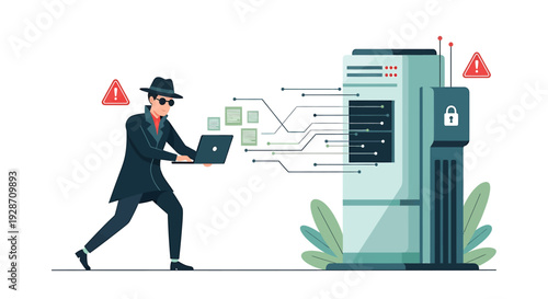 Cybercriminal Hacker Attacking Server with Laptop and Warning Signs. Vector Illustrations. EPS Editable