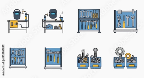 Industrial machinery and equipment illustrated in a grid layout, showcasing various mechanical components and tools from a straightforward viewpoint.