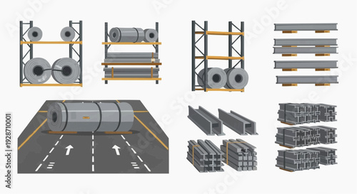 Industrial metal pipes and shelving units displayed in a warehouse setting with a road or pathway illustration nearby, showcasing storage solutions and infrastructure