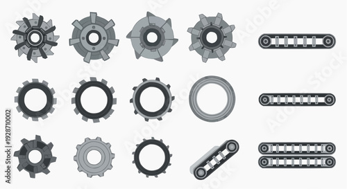Mechanical Components Collection Featuring Gears and Chains in a Technical Illustration View