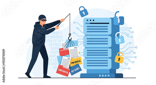 Cybersecurity threat hacker stealing data from server phishing attack. Vector Illustrations. EPS Editable