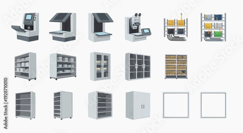 Collection of various office equipment and storage units displayed from a straightforward viewpoint