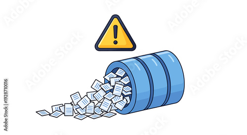 Data Breach Alert Spilled Database with Warning Sign. Vector Illustrations. EPS Editable