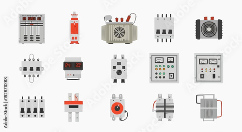 Collection of various electronic circuit components and devices illustrated in a grid layout from a top-down viewpoint