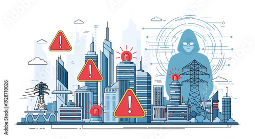 Cybersecurity Threat to Smart City Infrastructure and Power Grid. Vector Illustrations. EPS Editable