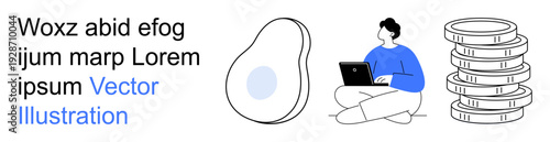 Technology, online work, personal finance, remote income, savings, economic trends. Person using a laptop near stacked coins and an abstract avocado shape. Technology and personal finance concepts