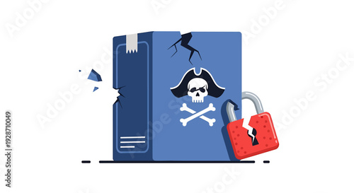 Digital Piracy and Copyright Infringement Concept with Broken Lock and Skull Symbol. Vector Illustrations. EPS Editable