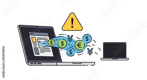 Digital Money Transfer Between Laptops with Warning Sign. Vector Illustrations. EPS Editable