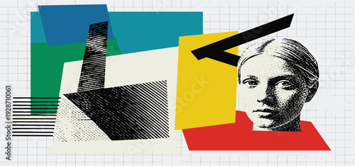Collage of woman's portrait with geometric shapes and abstract patterns viewed from a modern perspective