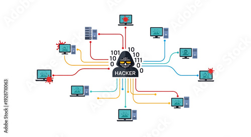 Hacker attacking multiple computers and servers in a network. Vector Illustrations. EPS Editable