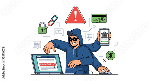 Hacker in a hoodie with multiple arms performing various cyber security threats and data breaches. Vector Illustrations. EPS Editable