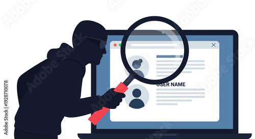Hacker Inspecting User Profile Data on Laptop Screen with Magnifying Glass. Vector Illustrations. EPS Editable