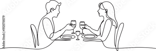 Couple having dinner together at the dining table, one continuous line. one line art icon drawing vector