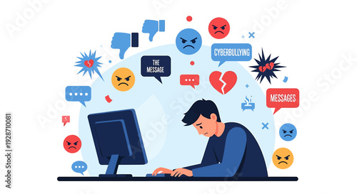 Man experiencing cyberbullying and online harassment on computer. Vector Illustrations. EPS Editable