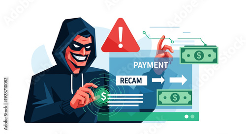 Hacker stealing money from online payment system cybercrime and fraud concept. Vector Illustrations. EPS Editable