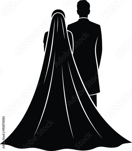 Wedding couple silhouette, bride with long veil and groom in suit standing together, symbolizing union and celebration