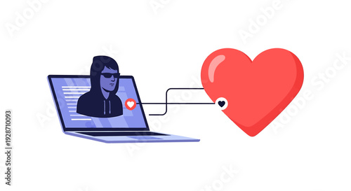 Online dating scammer with a fake profile on a laptop trying to deceive a person represented by a heart. Vector Illustrations. EPS Editable