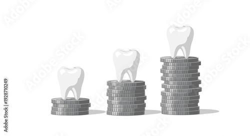Three white healthy human teeth are meticulously placed on varying stacks of shiny silver coins, standing against a clean white background.