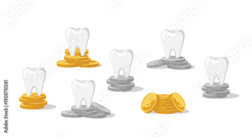 Multiple white human teeth are arranged on various stacks of gold and silver coins, illustrating dental cost and finance.