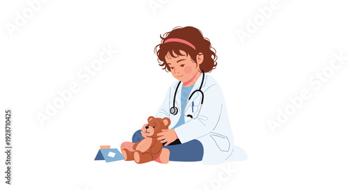 A happy little girl dressed in a white doctor's coat and stethoscope is gently playing with a brown teddy bear and small toy medical tools on the floor.