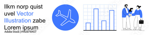 Business planning, air travel, data analysis, teamwork, corporate meetings, global trends. Airplane icon, bar chart professionals shaking hands. Business planning and air travel theme