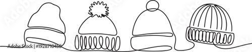 Set of woolen hats in one continuous line single line art style vector illustration. one line art icon drawing vector