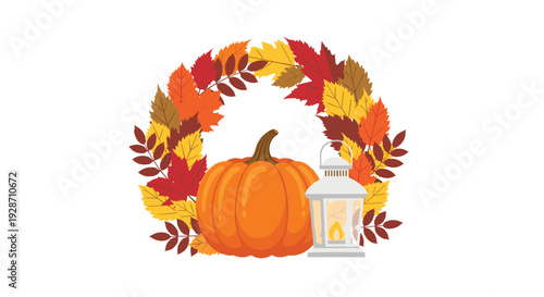 A beautiful autumn wreath made of colorful fall leaves gracefully surrounds a plump orange pumpkin and a decorative white lantern with a lit candle inside.
