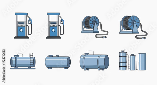Industrial machinery illustration featuring various equipment and machinery parts for industrial processes and manufacturing