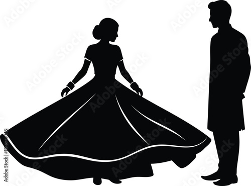 Silhouette illustration of an elegant Indian couple, captured in a moment of traditional celebration, symbolizing love and cultural heritage